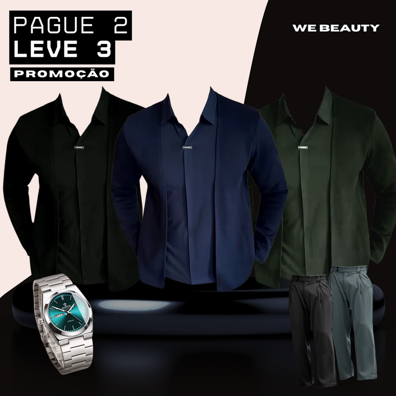 [Pague 2, Leve 3] Kit de Camisas Polo de Malha Dominus 2 em 1 + Relógio e 2 Calças Ajustáveis GRÁTIS