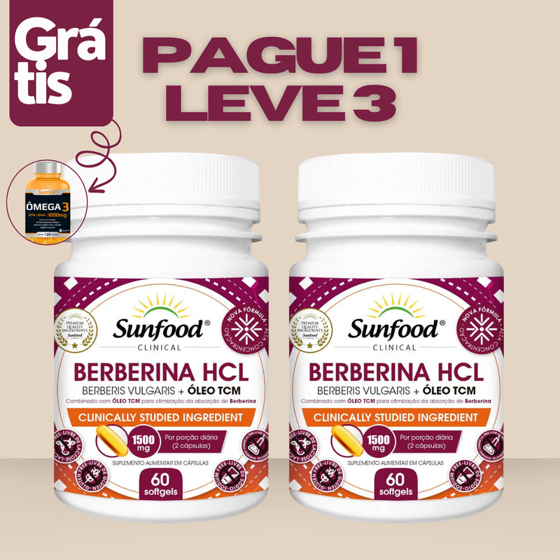 Pague 1 Leve 2 Berberina HCL Sunfood 60 Caps SoftGels 1500Mg + Omega 3 Brinde