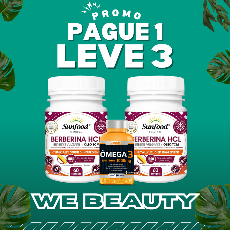 Pague 1 Leve 2 Berberina HCL Sunfood 60 Caps SoftGels 1500Mg + Omega 3 Brinde