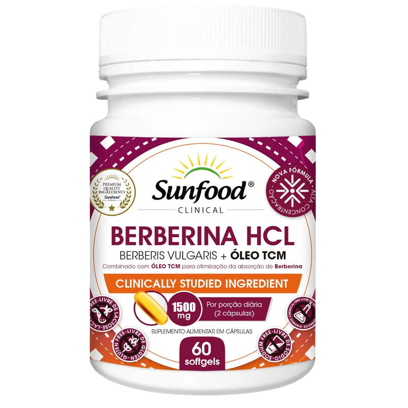 Pague 1 Leve 2 Berberina HCL Sunfood 60 Caps SoftGels 1500Mg + Omega 3 Brinde